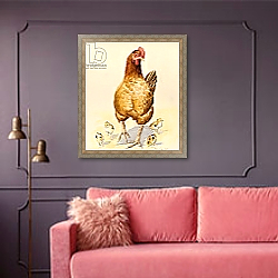 «George's Hen and her Chicks, 2007» в интерьере гостиной в зеленых тонах «George's Hen and her Chicks, 2007» в интерьере гостиной в зеленых тонах