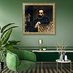 «Portrait of the artist Isaak Ilyich Levitan, 1893» в интерьере зеленой гостиной над диваном «Portrait of the artist Isaak Ilyich Levitan, 1893» в интерьере зеленой гостиной над диваном