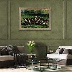 «The Shipwreck of Don Juan, 1840» в интерьере гостиной в оливковых тонах «The Shipwreck of Don Juan, 1840» в интерьере гостиной в оливковых тонах