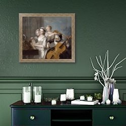 «The Sense of Hearing, c.1744-7» в интерьере прихожей в зеленых тонах над комодом «The Sense of Hearing, c.1744-7» в интерьере прихожей в зеленых тонах над комодом