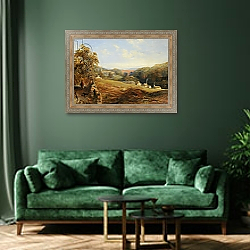 «Wetheral - View of the River Eden Showing Wetheral Church and Viaduct, and Corby Ferry, c.1845» в интерьере зеленой гостиной над диваном «Wetheral - View of the River Eden Showing Wetheral Church and Viaduct, and Corby Ferry, c.1845» в интерьере зеленой гостиной над диваном