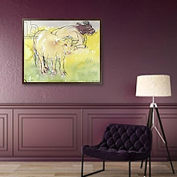 «Young Bullocks in the Meadow, 1983» в интерьере гостиной в зеленых тонах «Young Bullocks in the Meadow, 1983» в интерьере гостиной в зеленых тонах