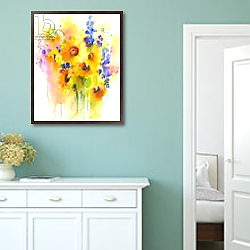 «Sunflowers and delphinium, 2016,» в интерьере в стиле прованс над камином с лепниной «Sunflowers and delphinium, 2016,» в интерьере в стиле прованс над камином с лепниной