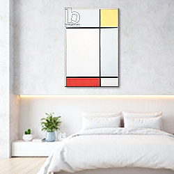 «Composition with Yellow and Red, 1927» в интерьере светлой минималистичной спальне над кроватью «Composition with Yellow and Red, 1927» в интерьере светлой минималистичной спальне над кроватью