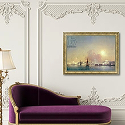 «Arrival into Sebastopol Bay, 1852» в интерьере гостиной в оливковых тонах «Arrival into Sebastopol Bay, 1852» в интерьере гостиной в оливковых тонах