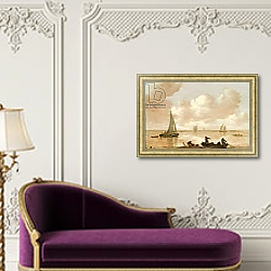 «An estuary with fisherman hauling in their nets» в интерьере в классическом стиле над банкеткой «An estuary with fisherman hauling in their nets» в интерьере в классическом стиле над банкеткой