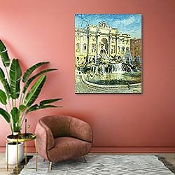 «Trevi Fountain, Rome,» в интерьере современной гостиной с голубыми стенами «Trevi Fountain, Rome,» в интерьере современной гостиной с голубыми стенами