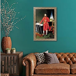 «Bonaparte as First Consul, 1804» в интерьере гостиной с зеленой стеной над диваном «Bonaparte as First Consul, 1804» в интерьере гостиной с зеленой стеной над диваном