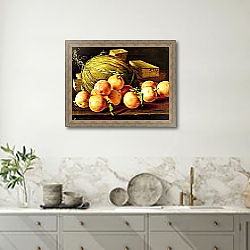 «Still Life of Oranges, Melons and Boxes of Sweets» в интерьере кухни в серых тонах «Still Life of Oranges, Melons and Boxes of Sweets» в интерьере кухни в серых тонах