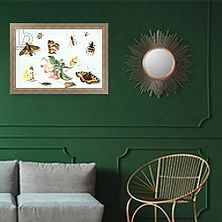 «Butterflies, moths and other insects with a sprig of apple blossom» в интерьере классической гостиной с зеленой стеной над диваном «Butterflies, moths and other insects with a sprig of apple blossom» в интерьере классической гостиной с зеленой стеной над диваном