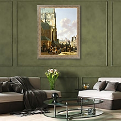 «The Grote Markt, Haarlem, looking west» в интерьере гостиной в оливковых тонах «The Grote Markt, Haarlem, looking west» в интерьере гостиной в оливковых тонах