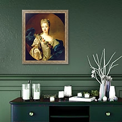 «Portrait of Charlotte Aglae of Orleans, 1720s» в интерьере прихожей в зеленых тонах над комодом «Portrait of Charlotte Aglae of Orleans, 1720s» в интерьере прихожей в зеленых тонах над комодом