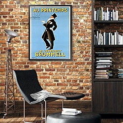 «Poster advertising 'Brummel' clothing for men at 'Printemps' department store, 1936» в интерьере гостиной в стиле лофт над диваном «Poster advertising 'Brummel' clothing for men at 'Printemps' department store, 1936» в интерьере гостиной в стиле лофт над диваном