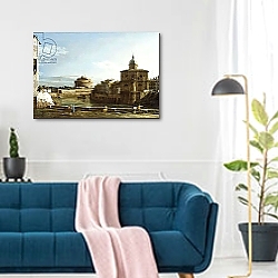 «A View of Rome along the Tiber, with the Church of San Giovanni dei Fiorentini beyond,» в интерьере современной светлой гостиной над диваном «A View of Rome along the Tiber, with the Church of San Giovanni dei Fiorentini beyond,» в интерьере современной светлой гостиной над диваном