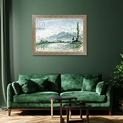 «The River Isere at Grenoble, 1877» в интерьере зеленой гостиной над диваном «The River Isere at Grenoble, 1877» в интерьере зеленой гостиной над диваном