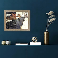 «A Winter River Landscape, 1895» в интерьере гостиной с зеленой стеной над диваном «A Winter River Landscape, 1895» в интерьере гостиной с зеленой стеной над диваном
