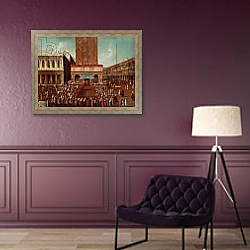 «Public Lottery at the Loggetta, the Piazza San Marco, Venice» в интерьере гостиной с зеленой стеной над диваном «Public Lottery at the Loggetta, the Piazza San Marco, Venice» в интерьере гостиной с зеленой стеной над диваном