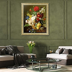 «Flower Still Life on a marble ledge, 1800-01» в интерьере гостиной в оливковых тонах «Flower Still Life on a marble ledge, 1800-01» в интерьере гостиной в оливковых тонах