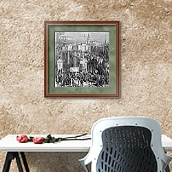 «London Bridge, engraved by Stephane Pannemaker, 1875» в интерьере кабинета с песочной стеной над столом «London Bridge, engraved by Stephane Pannemaker, 1875» в интерьере кабинета с песочной стеной над столом
