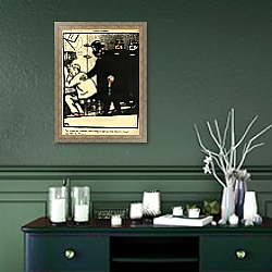 «A prisoner is exiled, from 'Crimes and Punishments', 1902» в интерьере прихожей в зеленых тонах над комодом «A prisoner is exiled, from 'Crimes and Punishments', 1902» в интерьере прихожей в зеленых тонах над комодом