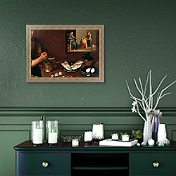 «Kitchen Scene with Christ in the House of Martha and Mary, c.1618 2» в интерьере прихожей в зеленых тонах над комодом «Kitchen Scene with Christ in the House of Martha and Mary, c.1618 2» в интерьере прихожей в зеленых тонах над комодом
