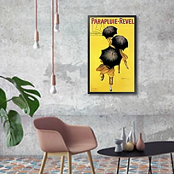 «Poster advertising 'Revel' umbrellas, 1922» в интерьере двухярусной гостиной в стиле лофт с кирпичной стеной «Poster advertising 'Revel' umbrellas, 1922» в интерьере двухярусной гостиной в стиле лофт с кирпичной стеной