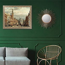 «View of the Town Hall and St Lawrence's Church in Alkmaar» в интерьере классической гостиной с зеленой стеной над диваном «View of the Town Hall and St Lawrence's Church in Alkmaar» в интерьере классической гостиной с зеленой стеной над диваном
