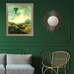 «The Balloon or, The Ascent of the Montgolfier» в интерьере классической гостиной с зеленой стеной над диваном «The Balloon or, The Ascent of the Montgolfier» в интерьере классической гостиной с зеленой стеной над диваном