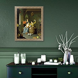 «Interior with a couple celebrating» в интерьере прихожей в зеленых тонах над комодом «Interior with a couple celebrating» в интерьере прихожей в зеленых тонах над комодом