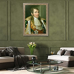 «Portrait of Prince Eugene de Beauharnais Viceroy of Italy and Duke of Leuchtenberg, 1810» в интерьере гостиной в оливковых тонах «Portrait of Prince Eugene de Beauharnais Viceroy of Italy and Duke of Leuchtenberg, 1810» в интерьере гостиной в оливковых тонах