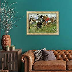 «Battle between the Scythians and the Slavonians, 1879» в интерьере классической гостиной с зеленой стеной над диваном «Battle between the Scythians and the Slavonians, 1879» в интерьере классической гостиной с зеленой стеной над диваном