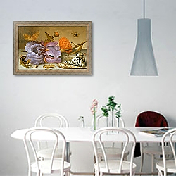 «Still life depicting flowers, shells and insects» в интерьере светлой кухни над обеденным столом «Still life depicting flowers, shells and insects» в интерьере светлой кухни над обеденным столом
