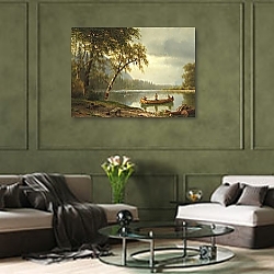 «Salmon fishing on the Caspapediac River» в интерьере гостиной с розовым диваном «Salmon fishing on the Caspapediac River» в интерьере гостиной с розовым диваном