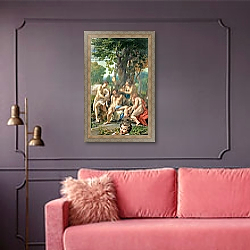 «Allegory of the Vices, 1529-30» в интерьере гостиной с розовым диваном «Allegory of the Vices, 1529-30» в интерьере гостиной с розовым диваном