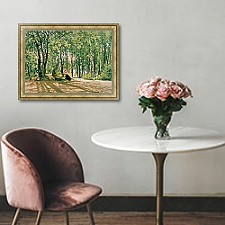 «At the Summer Cottage, 1894» в интерьере гостиной с зеленой стеной над диваном «At the Summer Cottage, 1894» в интерьере гостиной с зеленой стеной над диваном