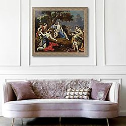 «Venus Creating the Anemone with the Blood of Adonis» в интерьере гостиной в классическом стиле над диваном «Venus Creating the Anemone with the Blood of Adonis» в интерьере гостиной в классическом стиле над диваном