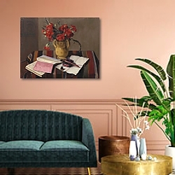 «Carnations and Account Books, 1925» в интерьере гостиной в зеленых тонах «Carnations and Account Books, 1925» в интерьере гостиной в зеленых тонах