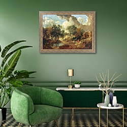 «Suffolk Landscape, 1748» в интерьере гостиной в зеленых тонах «Suffolk Landscape, 1748» в интерьере гостиной в зеленых тонах