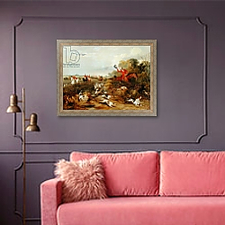 «Capping on Hounds, Bachelor's Hall, 1836» в интерьере гостиной с розовым диваном «Capping on Hounds, Bachelor's Hall, 1836» в интерьере гостиной с розовым диваном