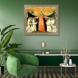 «Virgin of the Misericordia Sheltering the Carthusians, c.1629» в интерьере гостиной в зеленых тонах «Virgin of the Misericordia Sheltering the Carthusians, c.1629» в интерьере гостиной в зеленых тонах