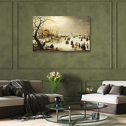 «A Winter River Landscape with Figures on the Ice» в интерьере классической гостиной над диваном «A Winter River Landscape with Figures on the Ice» в интерьере классической гостиной над диваном