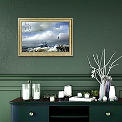 «Rough Sea in Stormy Weather, 1846» в интерьере гостиной с розовым диваном «Rough Sea in Stormy Weather, 1846» в интерьере гостиной с розовым диваном