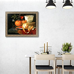 «Still life of an orange, a lemon and strawberry on a pewter plate, a wan-li bowl behind» в интерьере современной столовой над обеденным столом «Still life of an orange, a lemon and strawberry on a pewter plate, a wan-li bowl behind» в интерьере современной столовой над обеденным столом