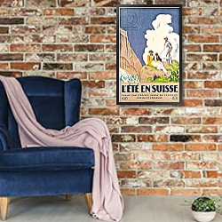 «'Summer in Switzerland', a poster by the Swiss Tourist Board, 1921» в интерьере в стиле лофт с кирпичной стеной и синим креслом «'Summer in Switzerland', a poster by the Swiss Tourist Board, 1921» в интерьере в стиле лофт с кирпичной стеной и синим креслом