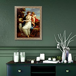 «Erato, the Muse of Lyric Poetry with a putto» в интерьере прихожей в зеленых тонах над комодом «Erato, the Muse of Lyric Poetry with a putto» в интерьере прихожей в зеленых тонах над комодом