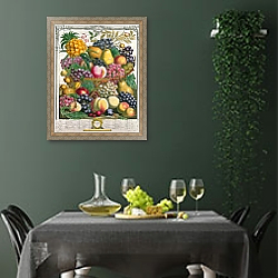 «October, from 'Twelve Months of Fruits', by Robert Furber engraved by Henry Fletcher, 1732» в интерьере столовой в зеленых тонах «October, from 'Twelve Months of Fruits', by Robert Furber engraved by Henry Fletcher, 1732» в интерьере столовой в зеленых тонах