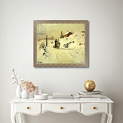 «A horse-drawn sleigh in a winter landscape» в интерьере гостиной в оливковых тонах «A horse-drawn sleigh in a winter landscape» в интерьере гостиной в оливковых тонах