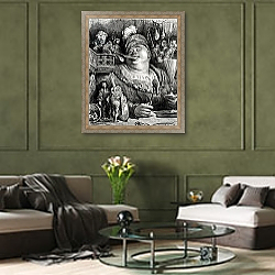 «Pantagruel's meal, from 'Pantagruel' by Francois Rabelais engraved by Paul Jonnard-Pacel» в интерьере гостиной в оливковых тонах «Pantagruel's meal, from 'Pantagruel' by Francois Rabelais engraved by Paul Jonnard-Pacel» в интерьере гостиной в оливковых тонах