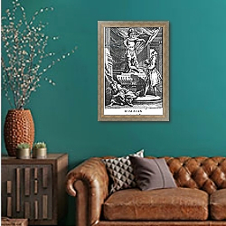 «Don Juan and the Commendatore, illustration from 'Don Juan, or Le Festin de Pierre' 1770» в интерьере гостиной с зеленой стеной над диваном «Don Juan and the Commendatore, illustration from 'Don Juan, or Le Festin de Pierre' 1770» в интерьере гостиной с зеленой стеной над диваном