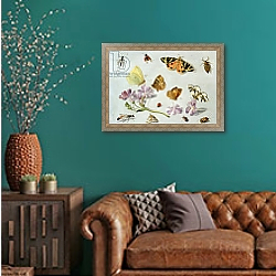 «Butterflies, moths and other insects with a sprig of periwinkle» в интерьере гостиной с зеленой стеной над диваном «Butterflies, moths and other insects with a sprig of periwinkle» в интерьере гостиной с зеленой стеной над диваном
